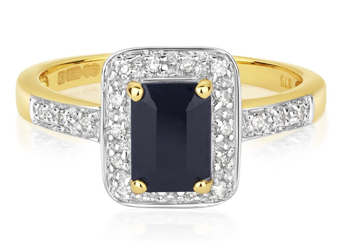 Real Sapphire and Diamond Ring Solid Yellow Gold Emerald Cut Engagement Size J-Q