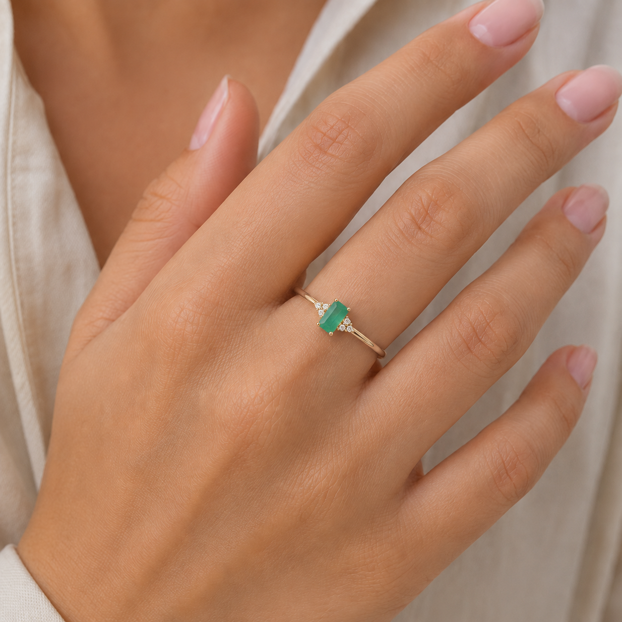 Natural Emerald Solitaire Ring Real Diamond Accents 9ct Yellow Gold