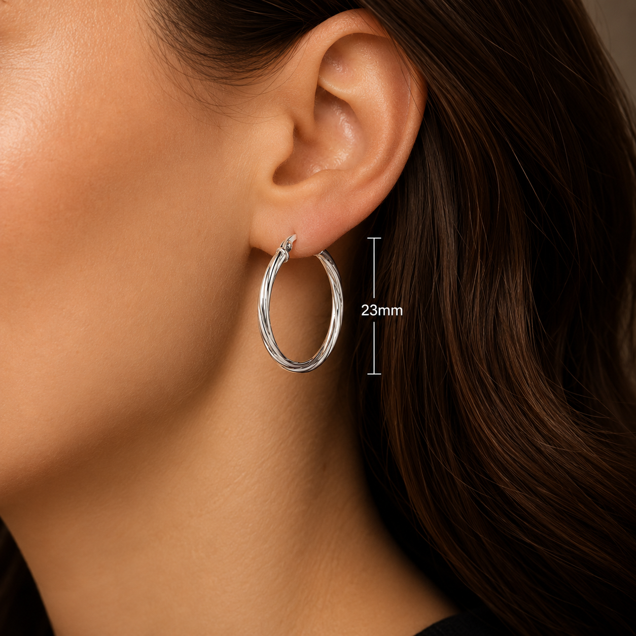 White Gold Twisted Hoop Earrings Snap Closure Polished 23mm Hallmarked