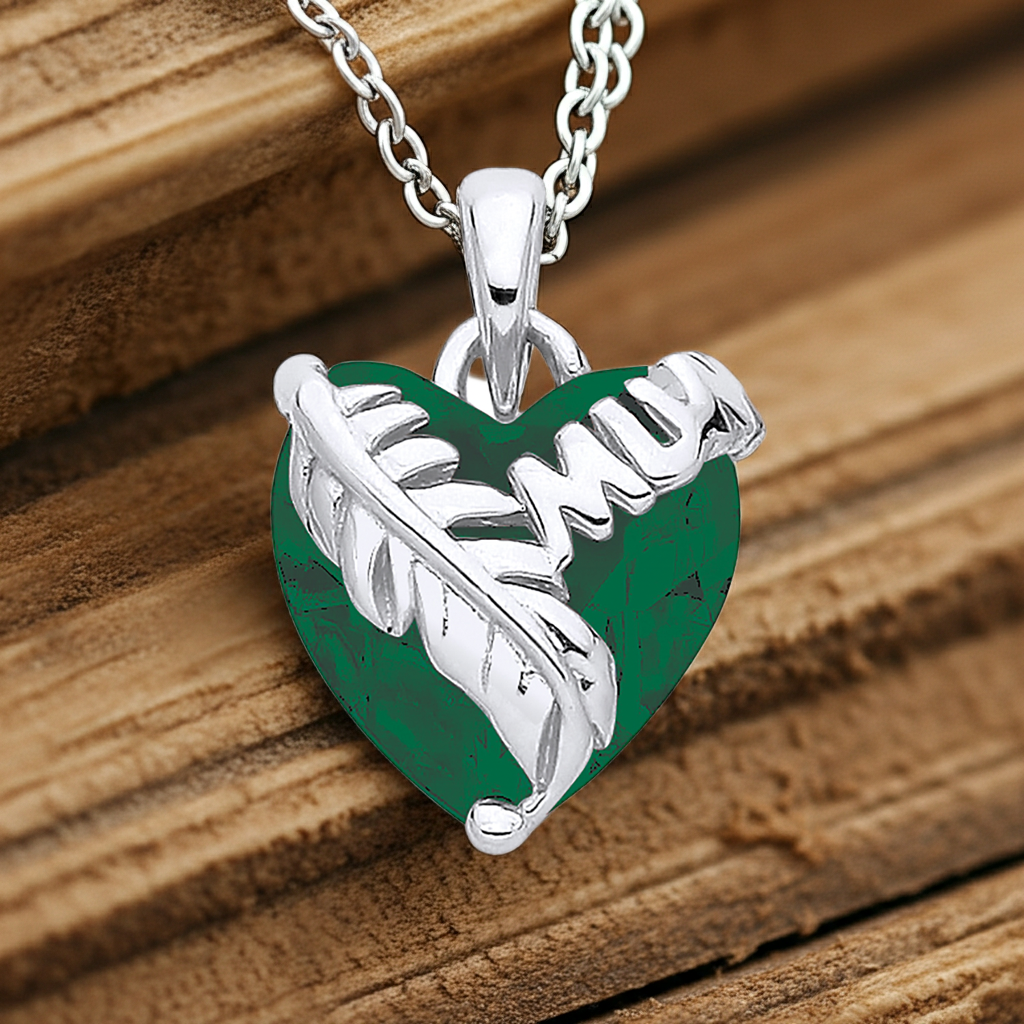 Emerald Crystal Mum Heart Pendant Solid Sterling Silver 925 Hallmark 18" Chain