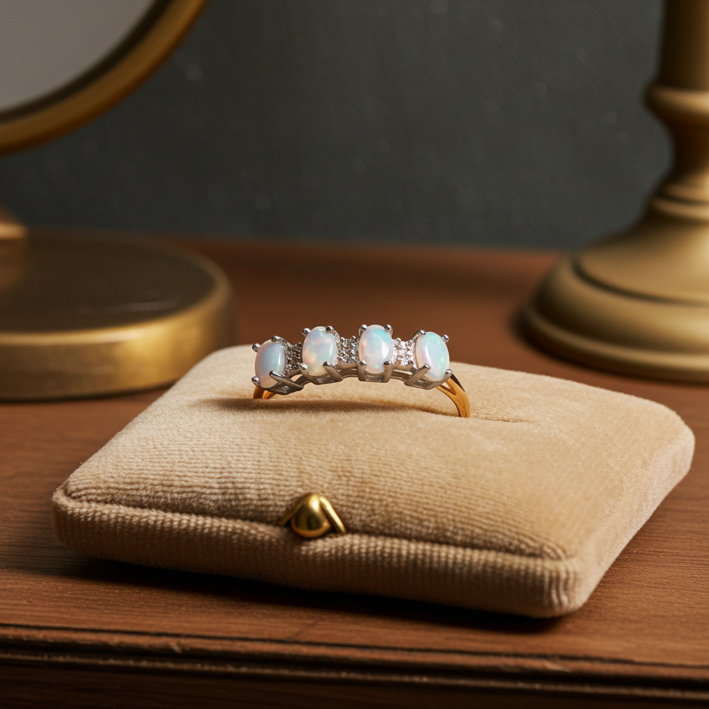 Natural Opal and Diamond Eternity Ring 18ct Gold on Sterling Silver 925 Size J-V