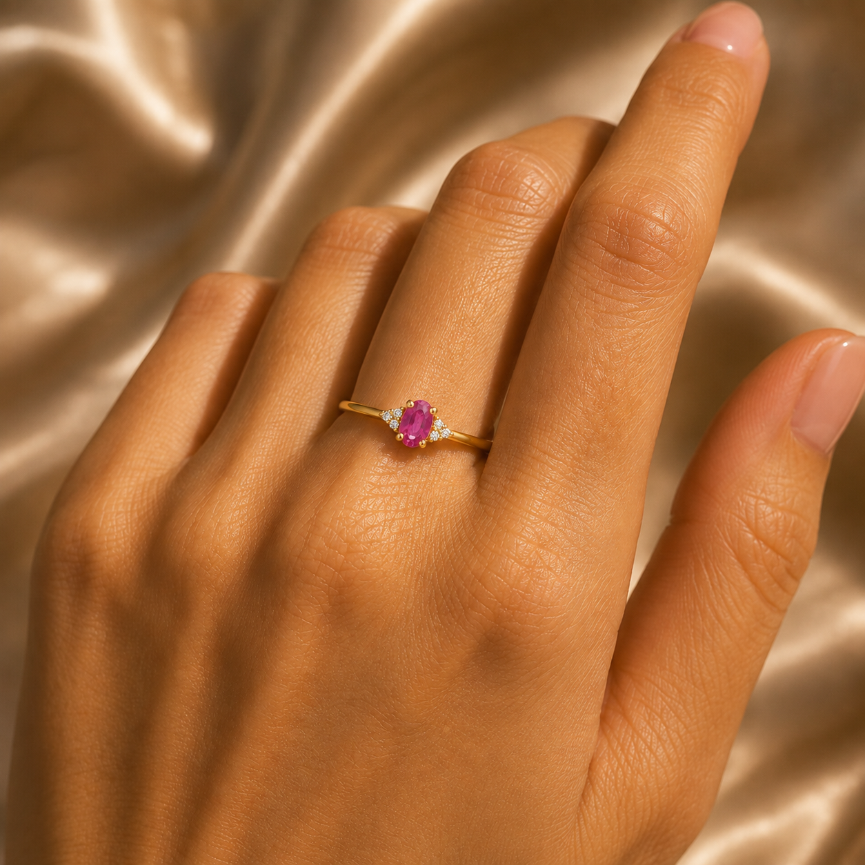 9ct Yellow Gold Ruby & Diamond Solitaire Ring Oval Cut Hallmarked