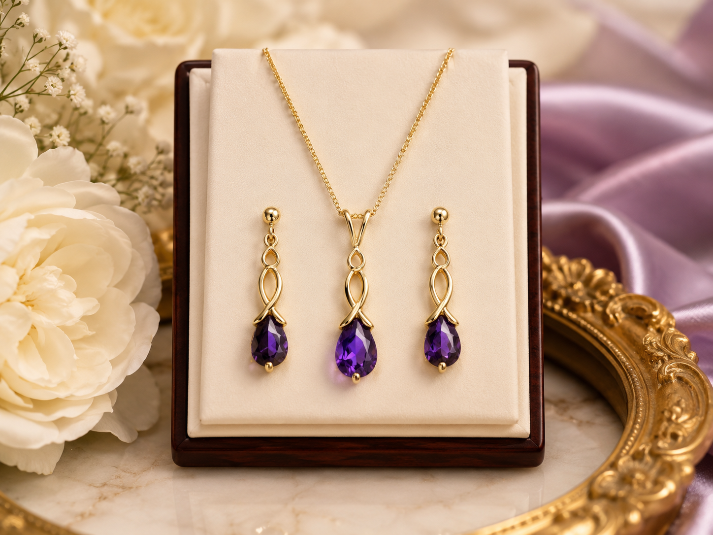 Yellow Gold Amethyst Teardrop Pendant Necklace & Matching Earrings Set