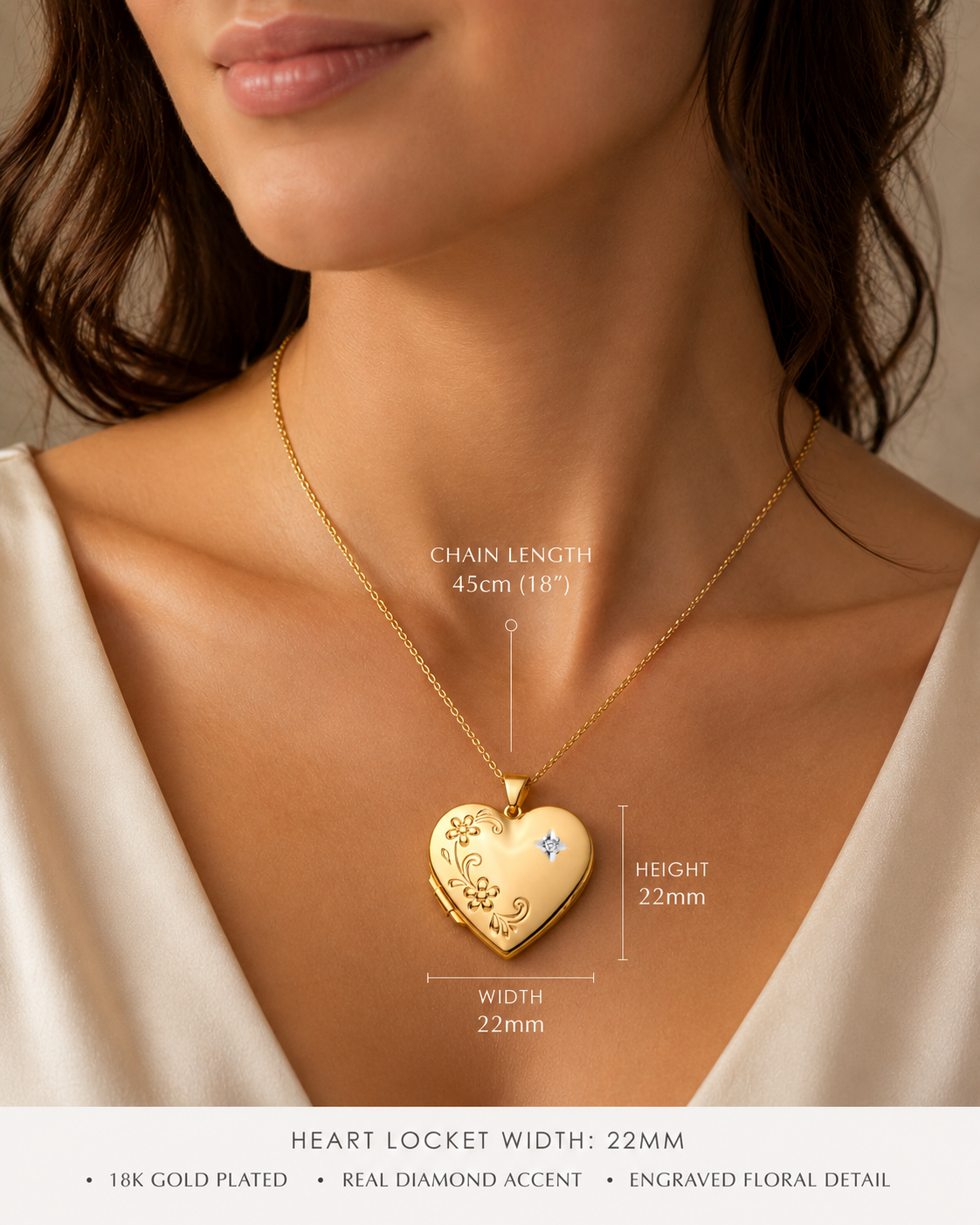Heart Floral Locket Pendant Real Diamond 18ct Gold on Sterling Silver 18" Chain