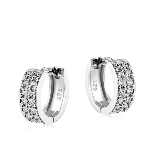 White Gold Huggie Hoop Earrings Pave Set Zircon 12mm Hinged Hoops Hallmarked
