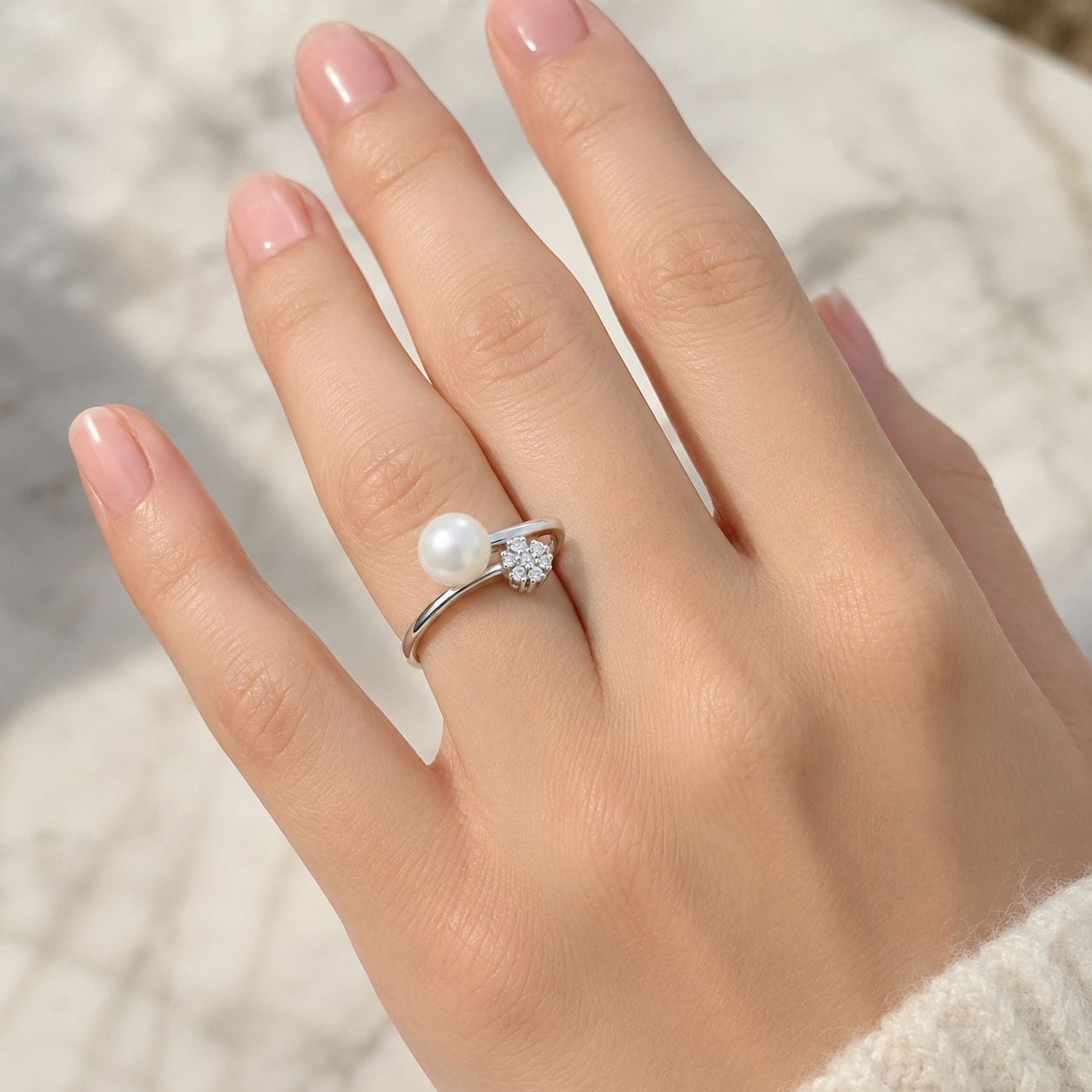 Freshwater Cultured Pearl & Diamond Flower Open Ring in 375 White Gold