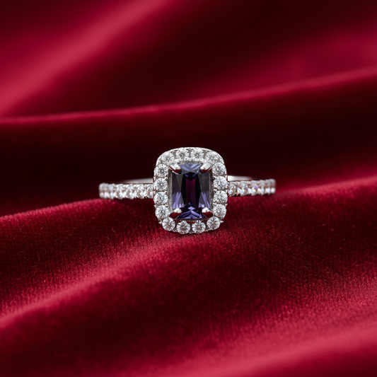 Sterling Silver Sapphire Ring Rectangular Halo Engagement 925 Hallmark Size K-S