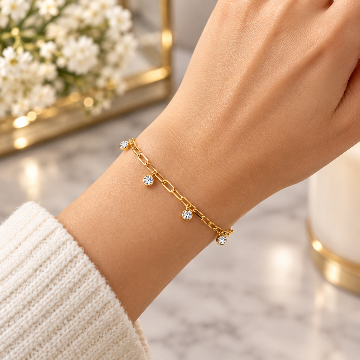 18ct Gold Paperclip Chain Bracelet with Zircon Dangle Charms on Solid Silver 925