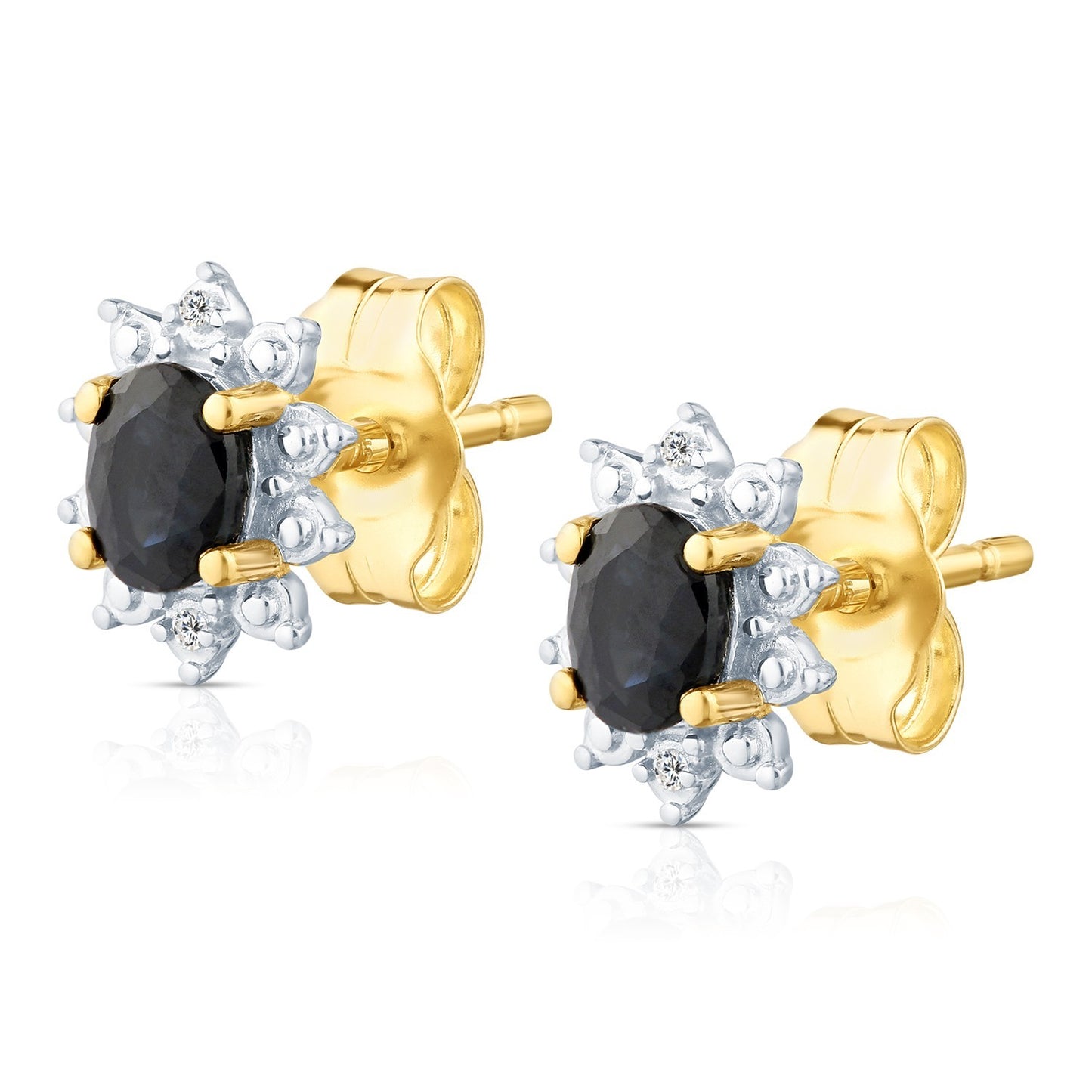 Natural Sapphire & Diamond Halo Stud Earrings 9ct Yellow Gold 375