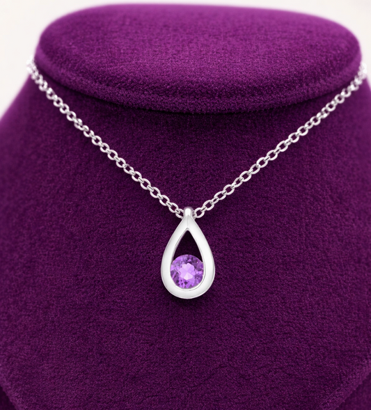 Natural Amethyst Teardrop Slider Pendant Solid White Gold 18" 46cm Length Chain