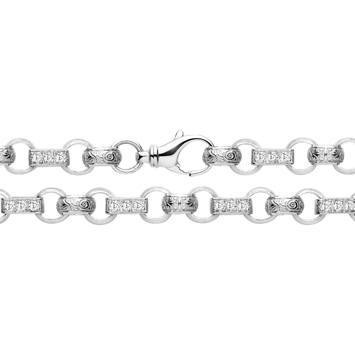 Men's Patterned Belcher Chain Zircon Bracelet Solid Silver Hallmark 9" 9mm Wide