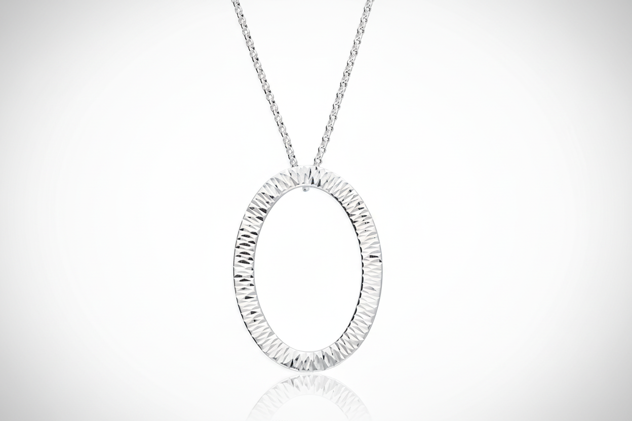Diamond Cut Open Oval Necklace Adjustable Chain 925 Sterling Silver
