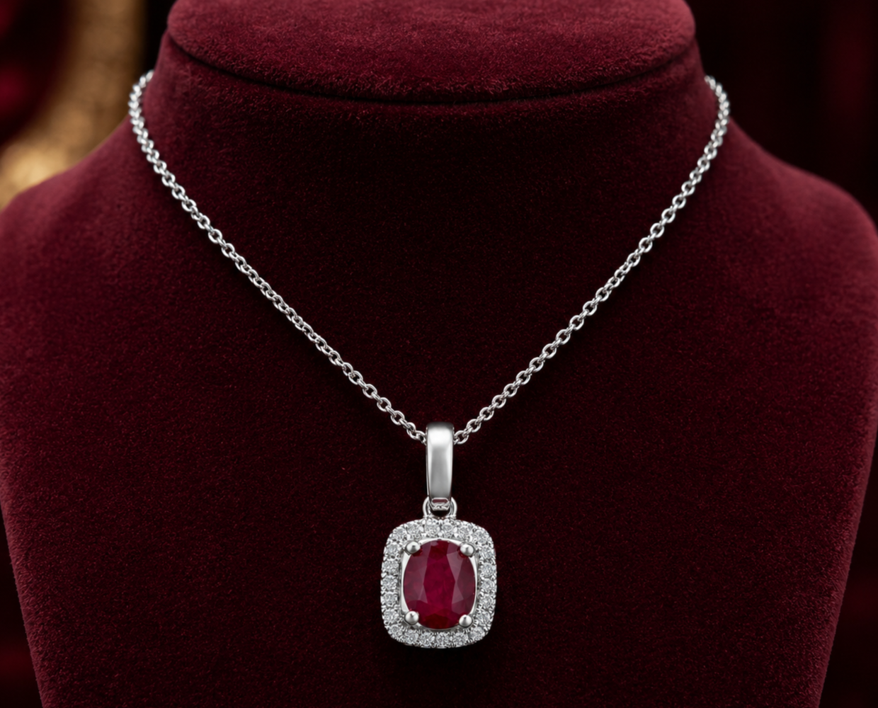 Ruby Oval Cluster Pendant With Diamonds 9ct White Gold 18" 46cm Length Chain