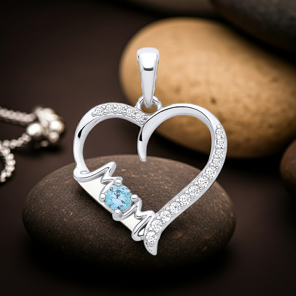 Aquamarine Mum Heart Pendant Solid Sterling Silver 925 Hallmark 18" Chain