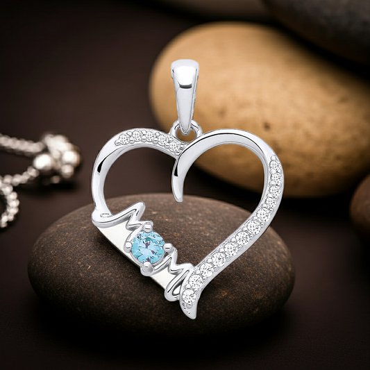 Aquamarine Mum Heart Pendant Solid Sterling Silver 925 Hallmark 18" Chain