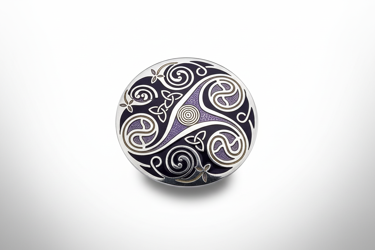 Purple Celtic Triskele Brooch Silver Plated Brand New Gift Packaging