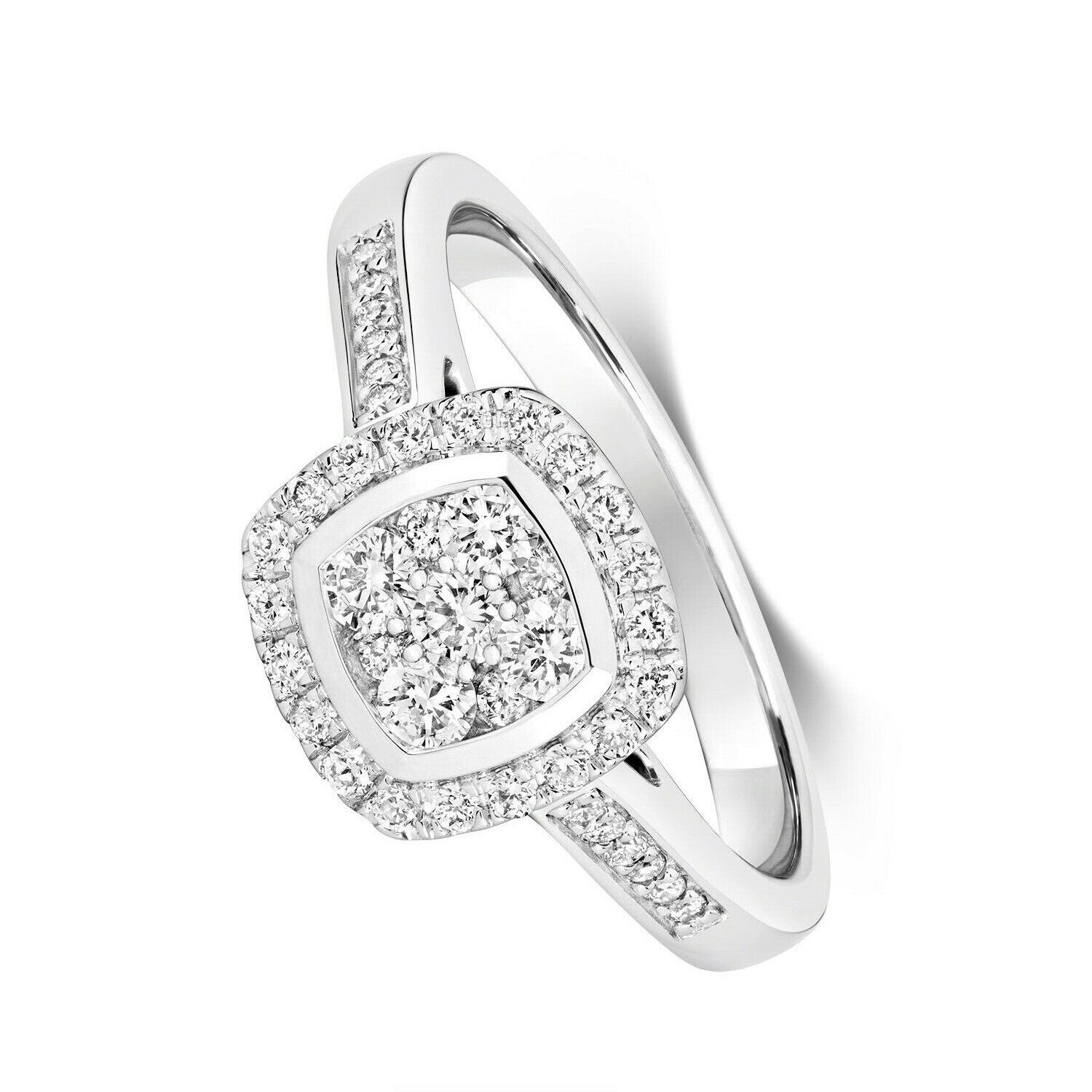 Real Diamond Ring 9ct White Gold Square Cushion Cluster Halo 0.50 Carat Weight