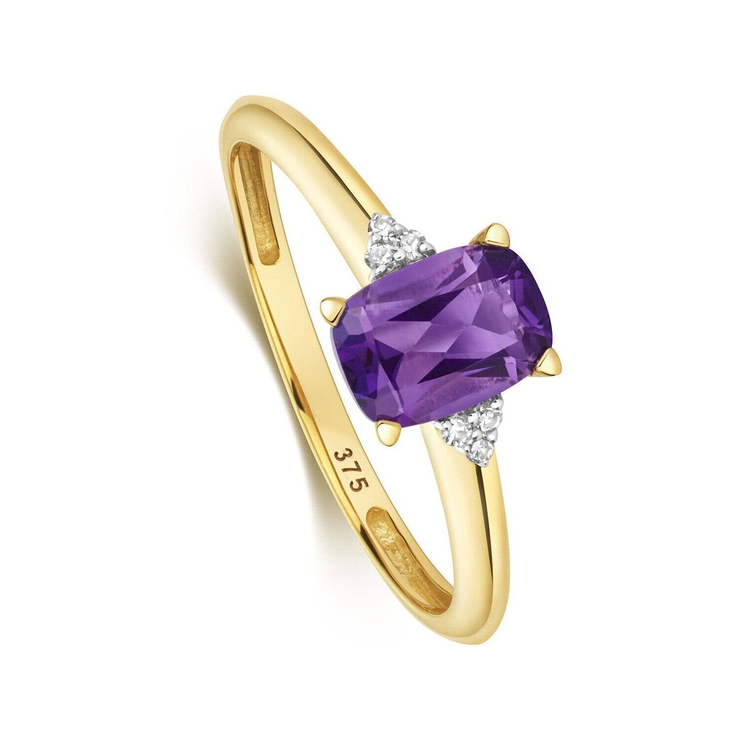 Real Amethyst and Diamond Ring Solid Yellow Gold Cushion Solitaire Size J - Q