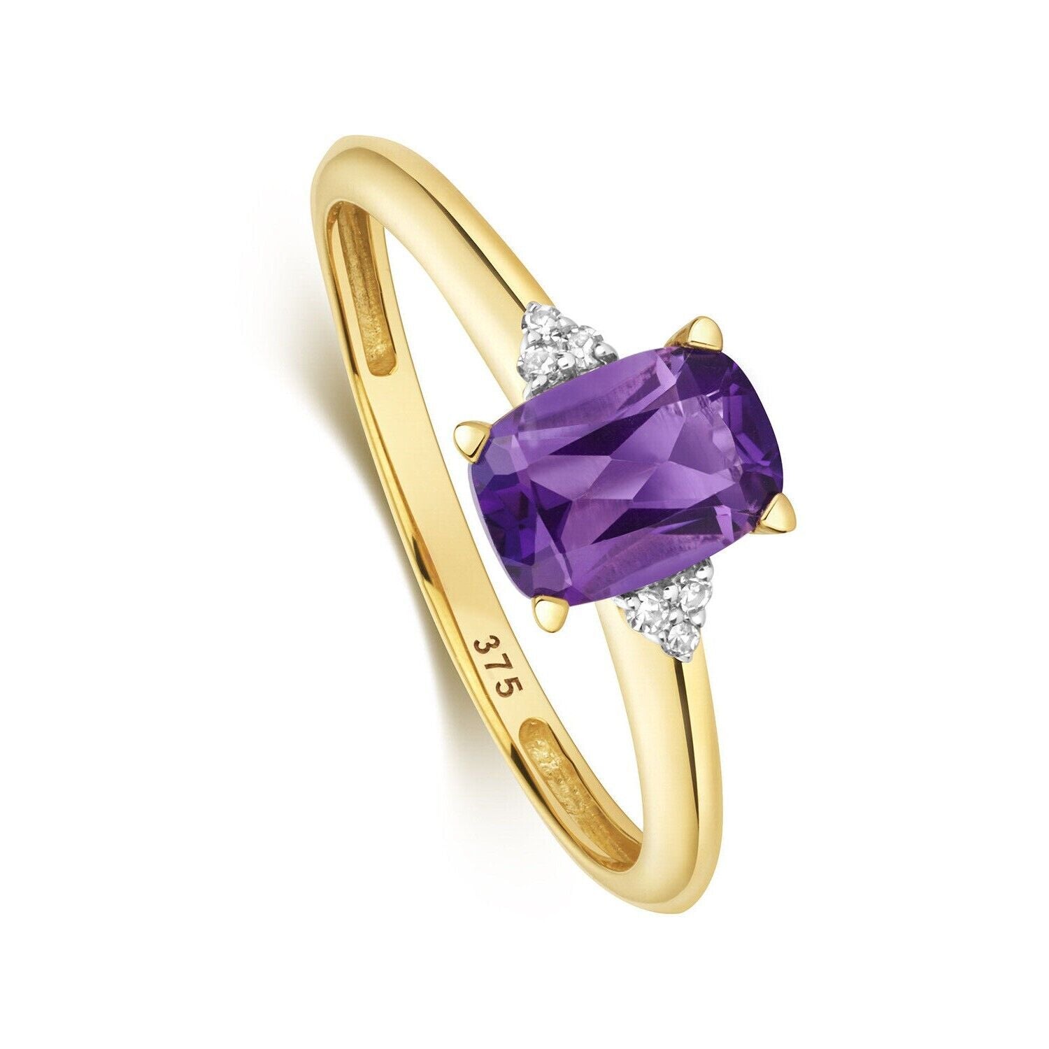 Real Amethyst and Diamond Ring Solid Yellow Gold Cushion Solitaire Size J - Q