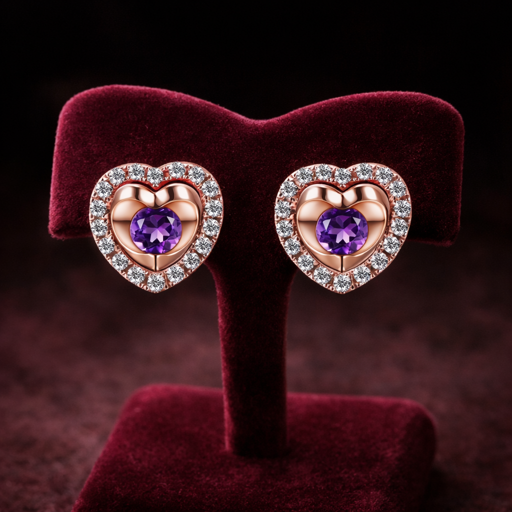 Natural Amethyst and Diamond Heart Earrings Solid 9ct Rose Gold Hallmarked