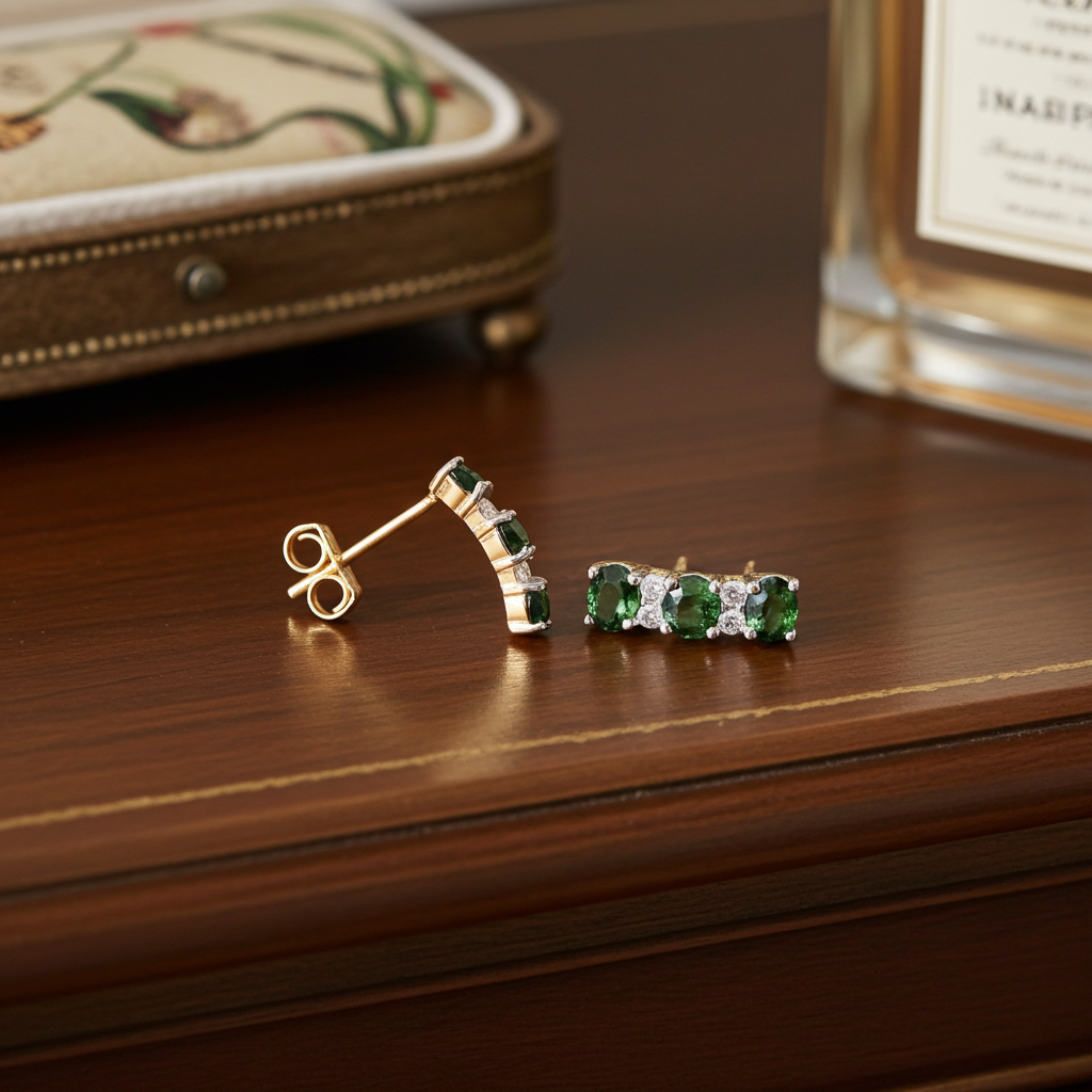 18ct Gold Emerald Drop Stud Earrings on Solid Sterling Silver 925 Hallmark