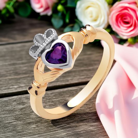18ct Gold Amethyst Claddagh Ring on Solid Sterling Silver  925 Hallmark