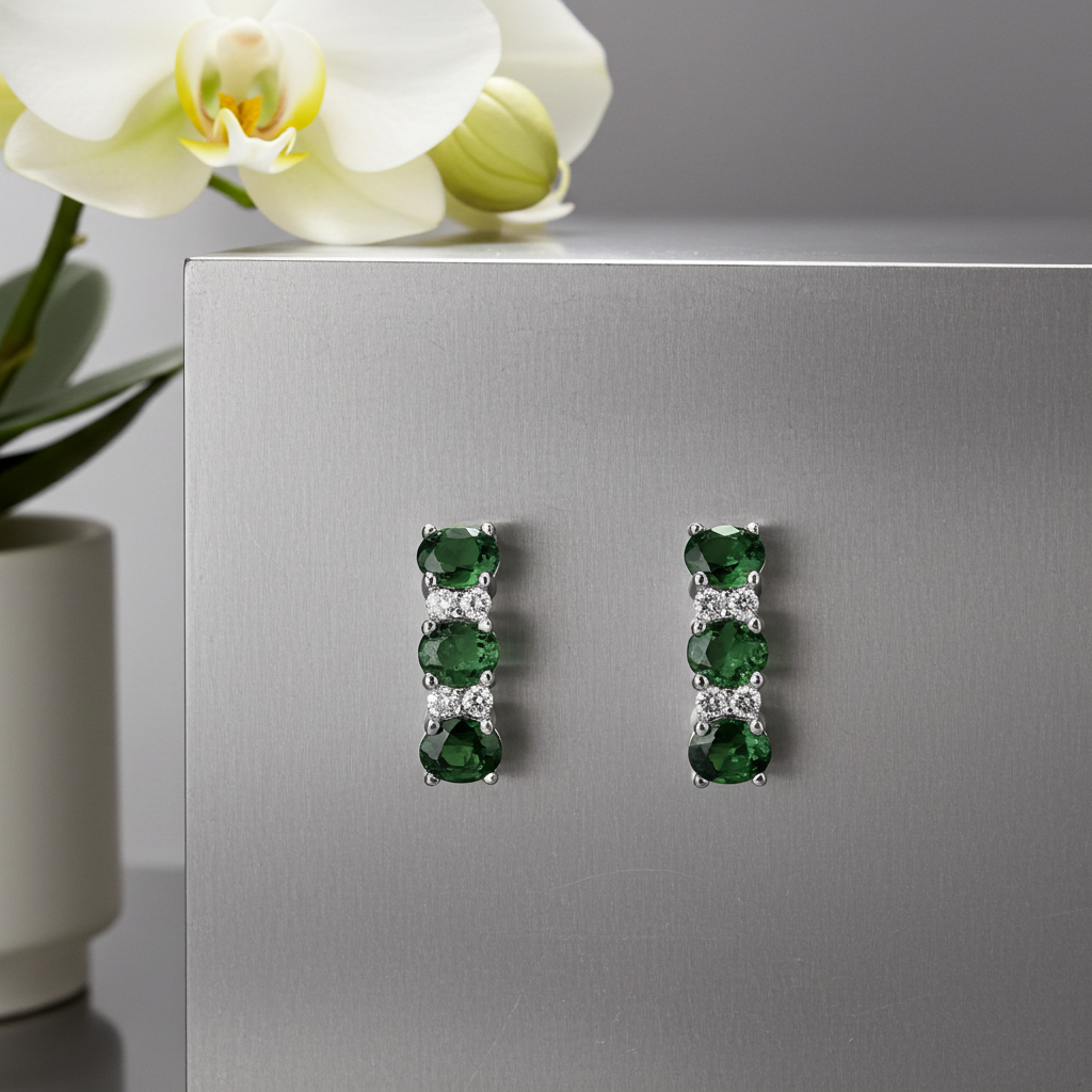 Emerald Drop Stud Earrings Solid Sterling Silver 925 Hallmark
