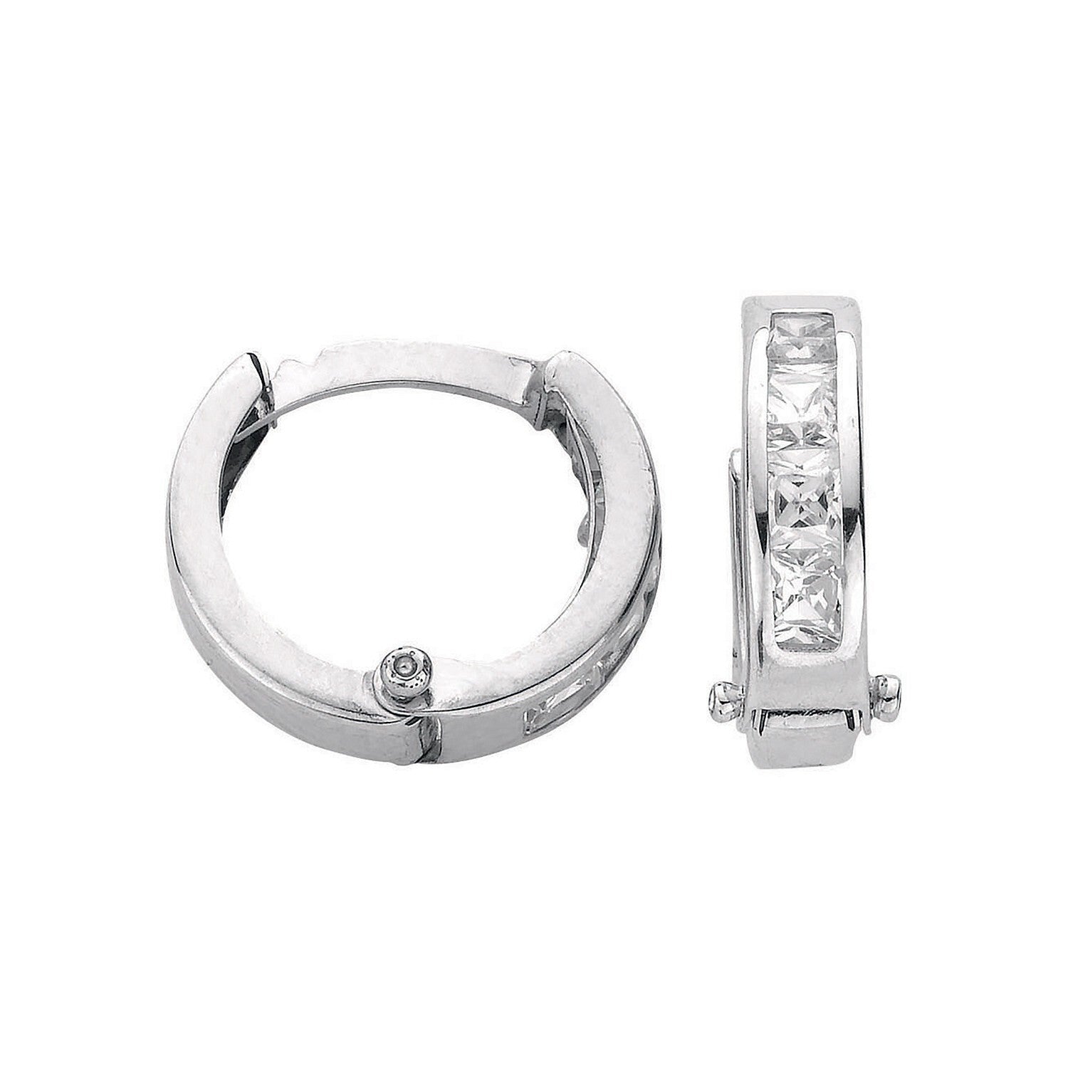 White Gold Huggie Hoop Earrings Princess Cut Zircon 12mm Hinged Hoops Hallmarked