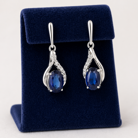Natural Sapphire and Diamond Earrings Solid 9ct White Gold Drops Hallmarked