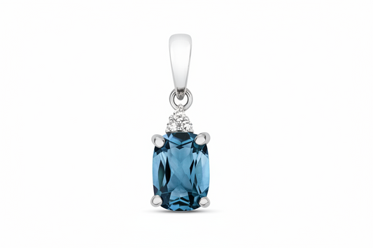 London Blue Topaz and Diamond Solitaire Pendant 9ct White Gold Necklace