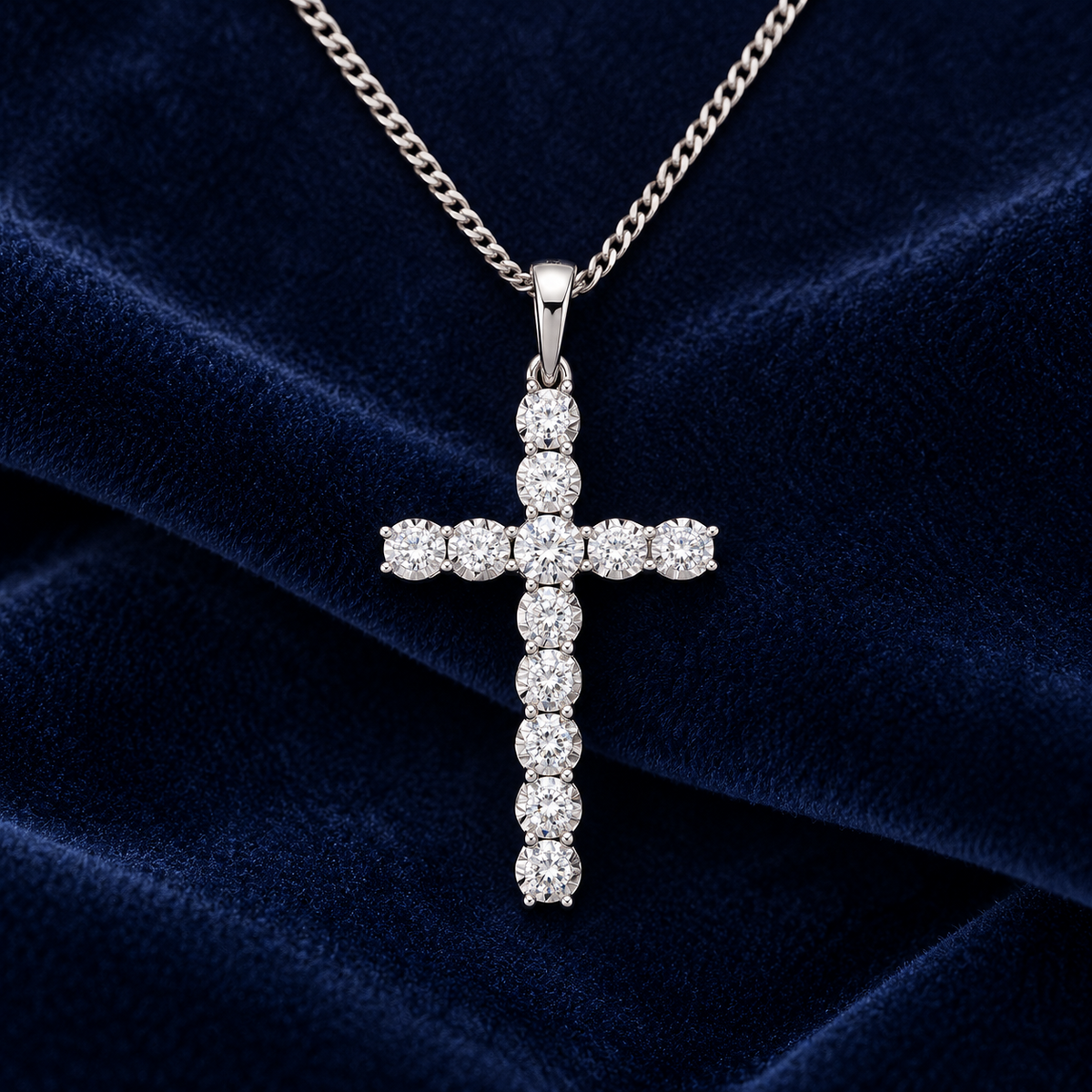 Real Diamond Cross Pendant Necklace 9ct White Gold 18" Chain 0.27ctw Diamonds
