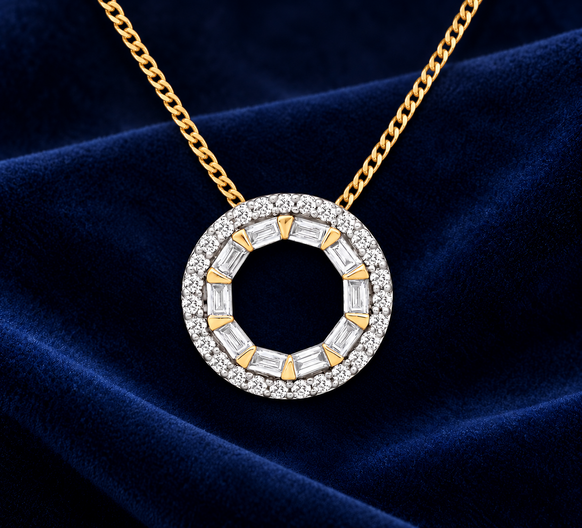 Baguette Diamond Circle Pendant 18ct Yellow Gold 18" Chain 0.35tw Real Diamonds