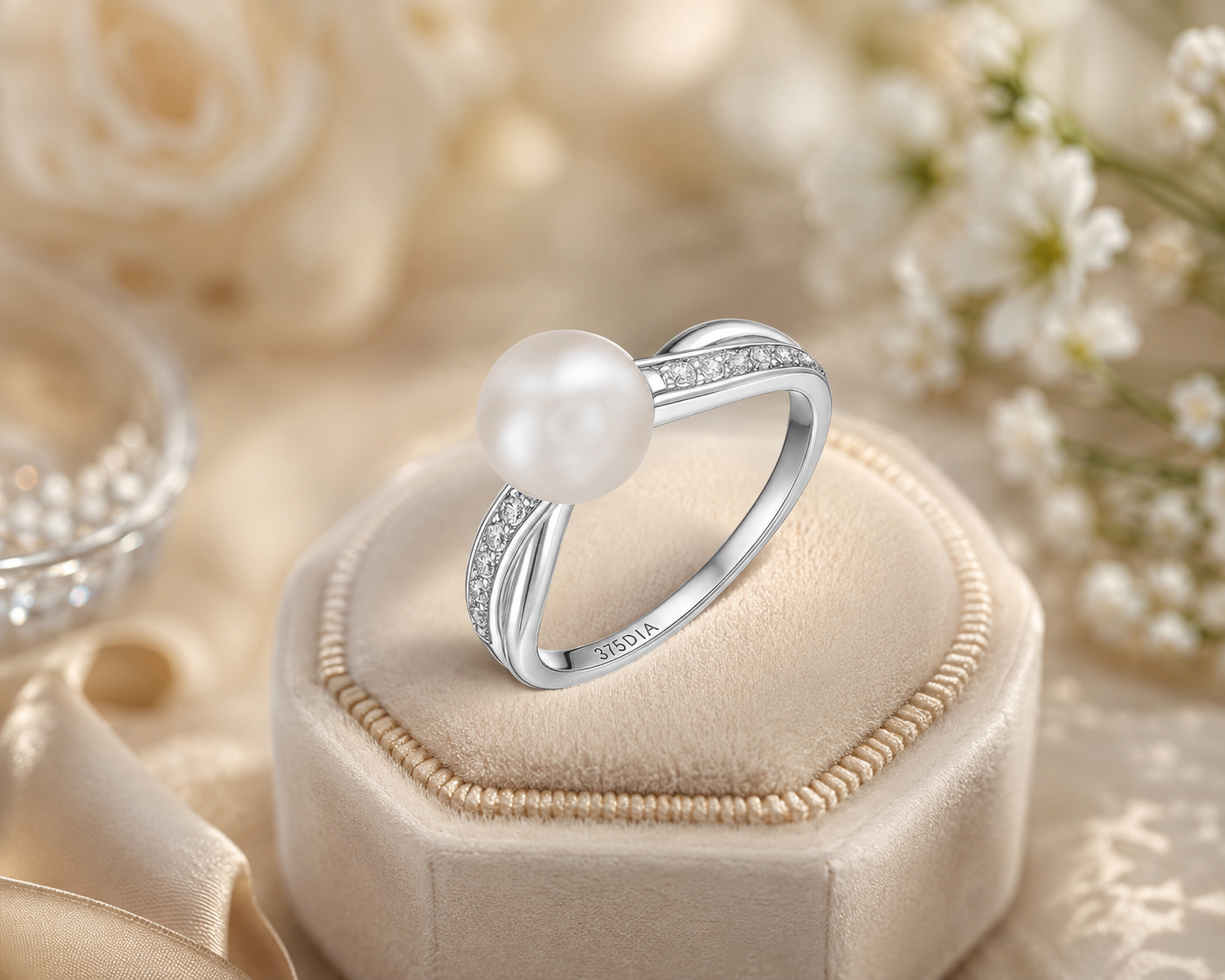 White Gold Freshwater Pearl & Diamond Accent Crossover Ring