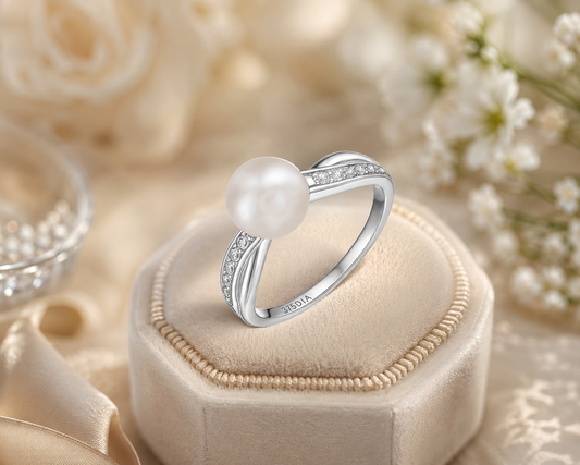 White Gold Freshwater Pearl & Diamond Accent Crossover Ring