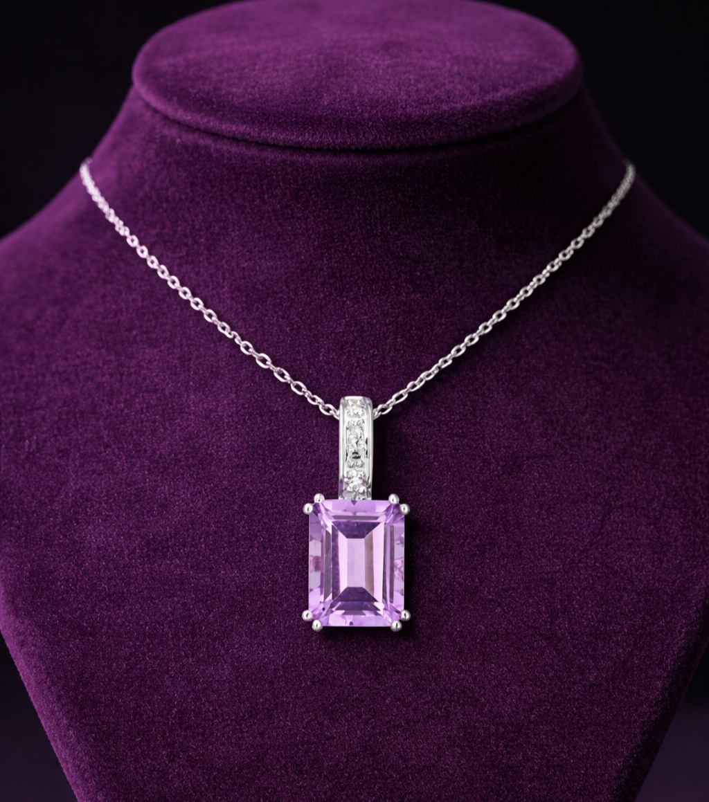 Natural Amethyst Pendant With Diamonds 9ct White Gold 18" 46cm Length Chain