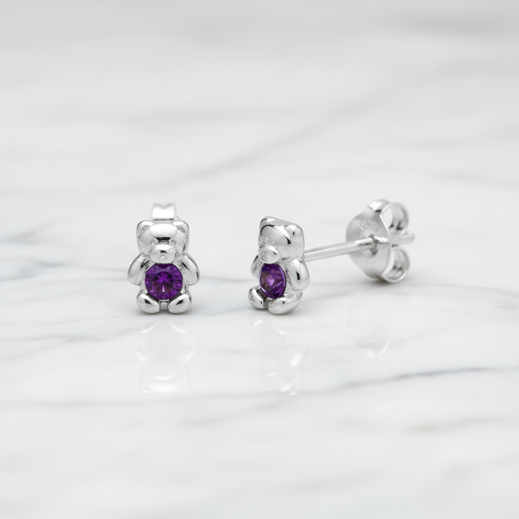 Teddy Bear Stud Earrings February Birthstone Crystal 925 Solid Sterling Silver