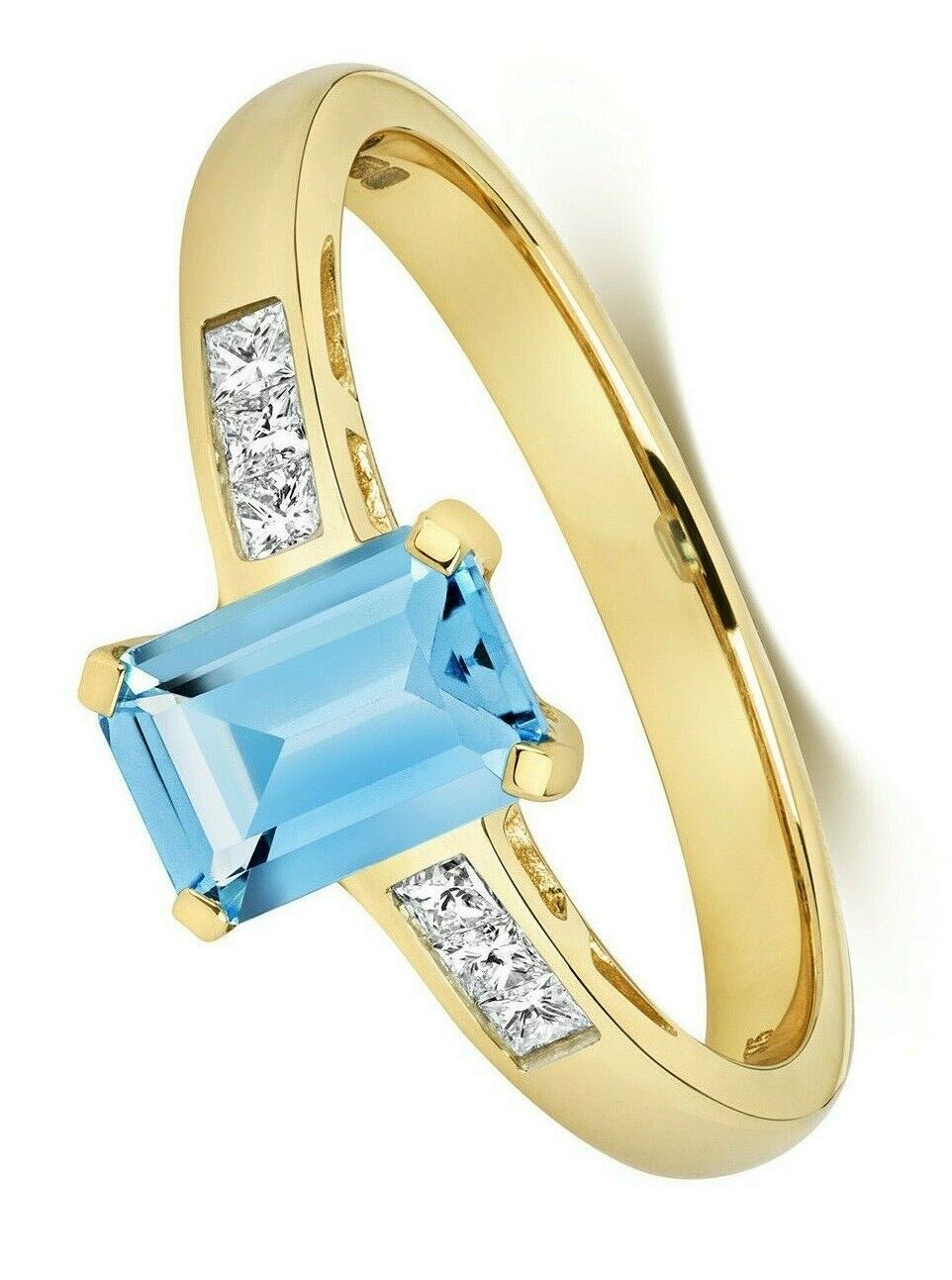 Real Swiss Blue Topaz and Diamond Ring 9ct Yellow Gold Emerald Cut Solitaire