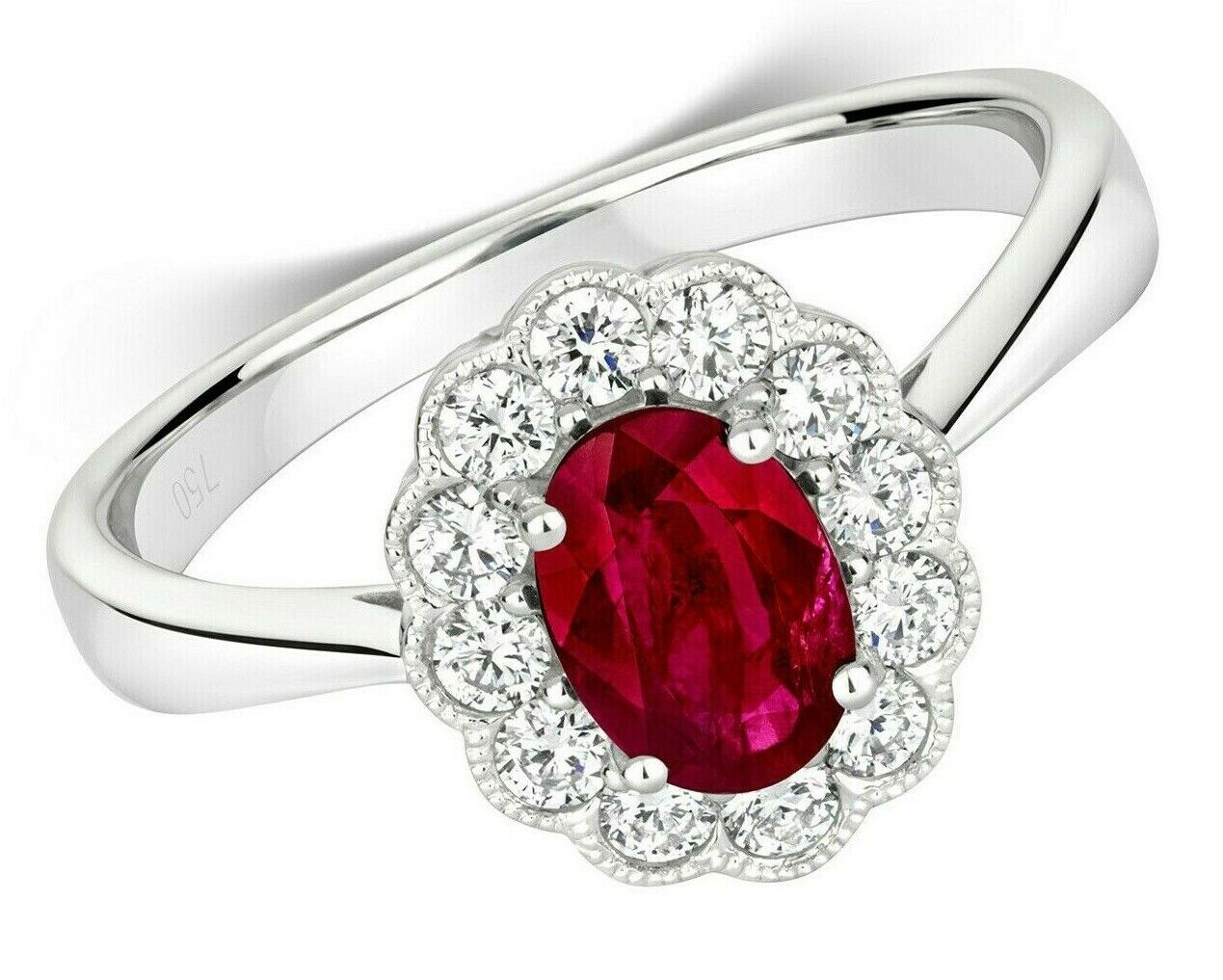 Real Ruby and Diamond Ring 18ct White Gold Oval Cluster 1.41 Carat Weight