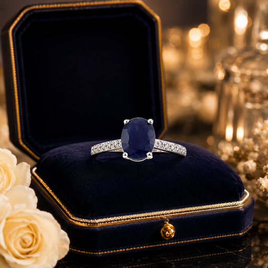 9ct White Gold Oval Sapphire & Diamond Solitaire Ring 375 Hallmarked