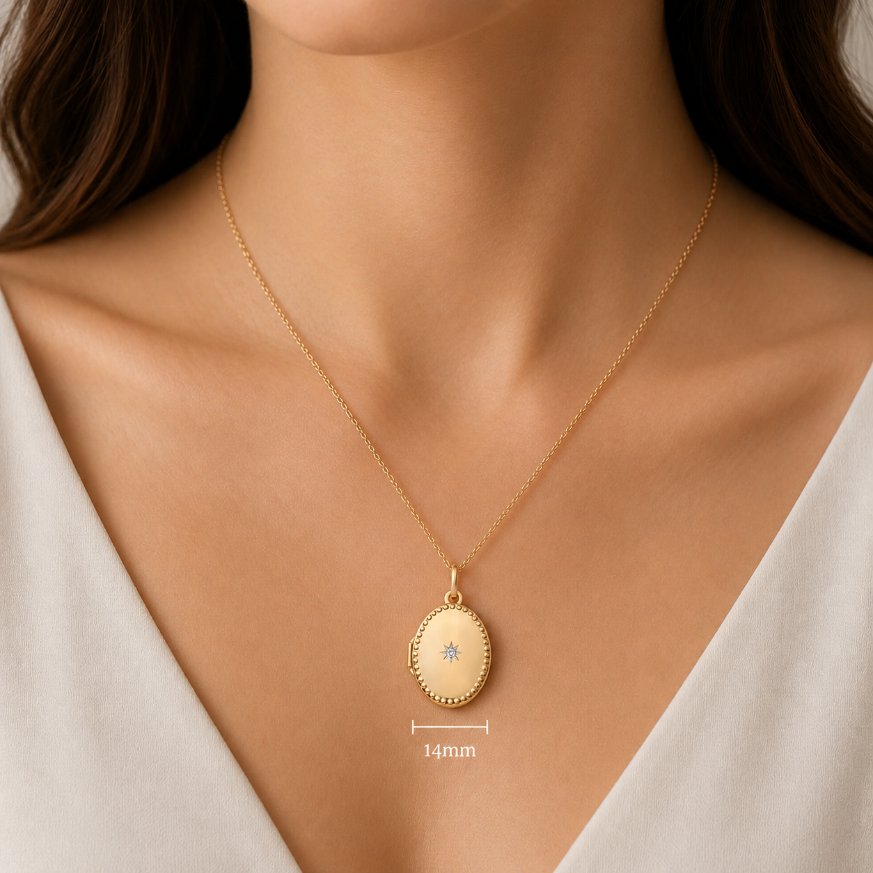 Oval Beaded Diamond Locket Pendant 18ct Gold on Solid Sterling Silver 18" Chain