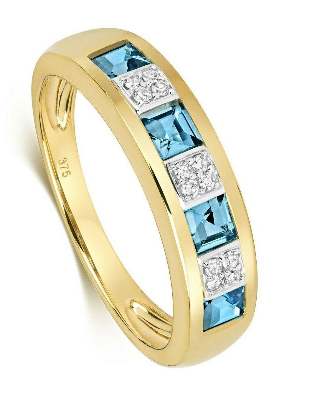 Real Blue Topaz and Diamond Eternity Ring Solid Yellow Gold Princess Cut Band