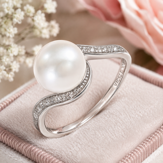 Natural Freshwater Pearl Ring in Solid White Gold with Natural Diamonds