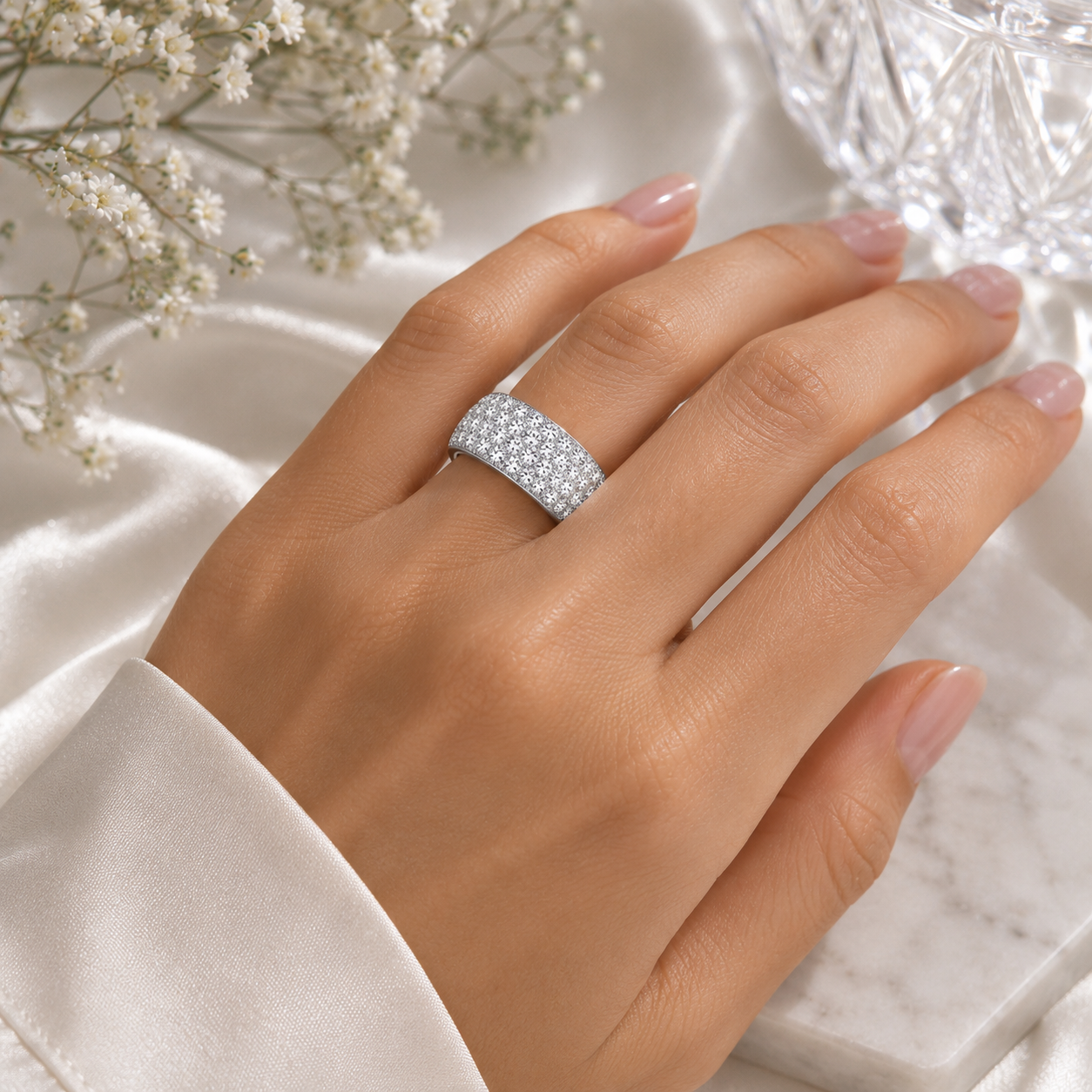 Luxury Zircon Pavé Band Ring in Solid Sterling Silver 11.5mm Wide