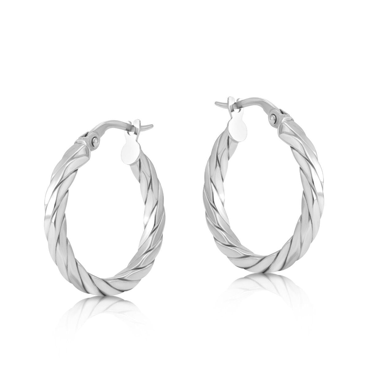 White Gold Twist Hoop Earrings 20mm Flat Square profile Hoops Hallmarked