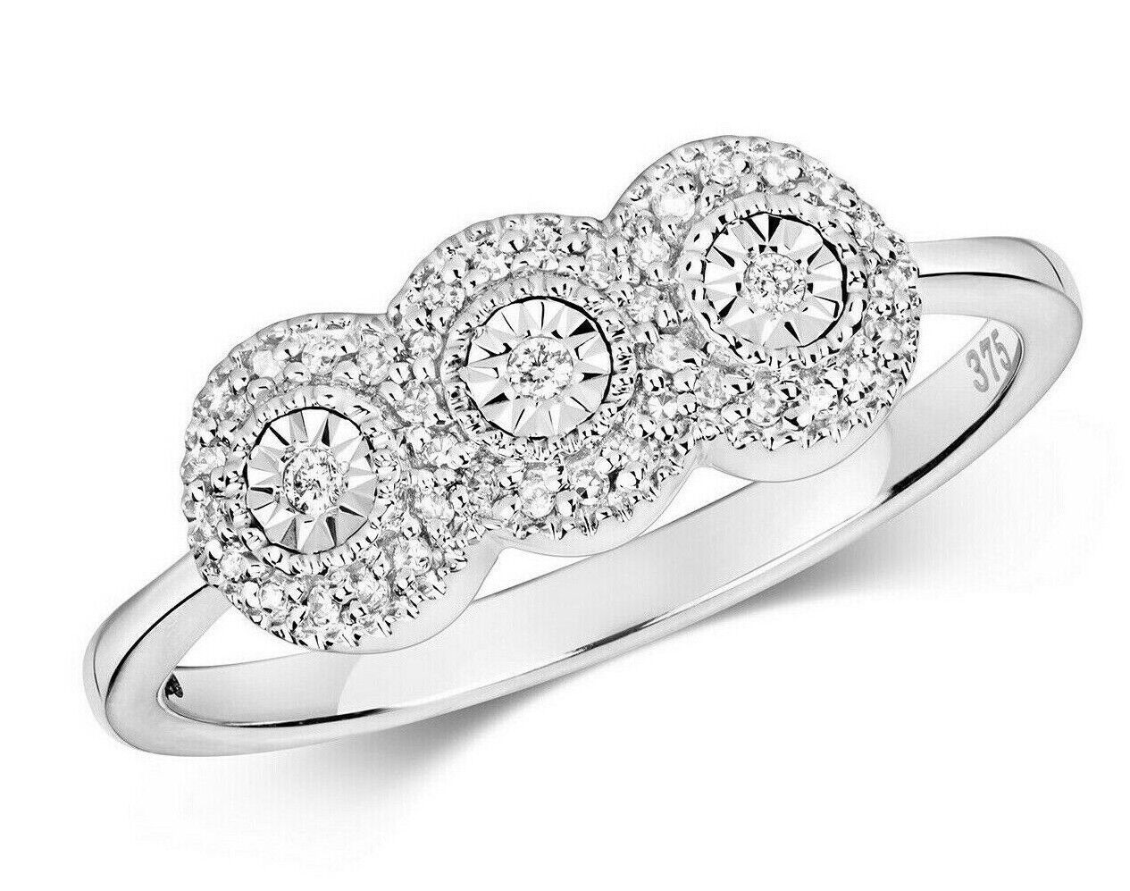 Real Diamond Ring Three Stone Cluster Engagement Solid White Gold