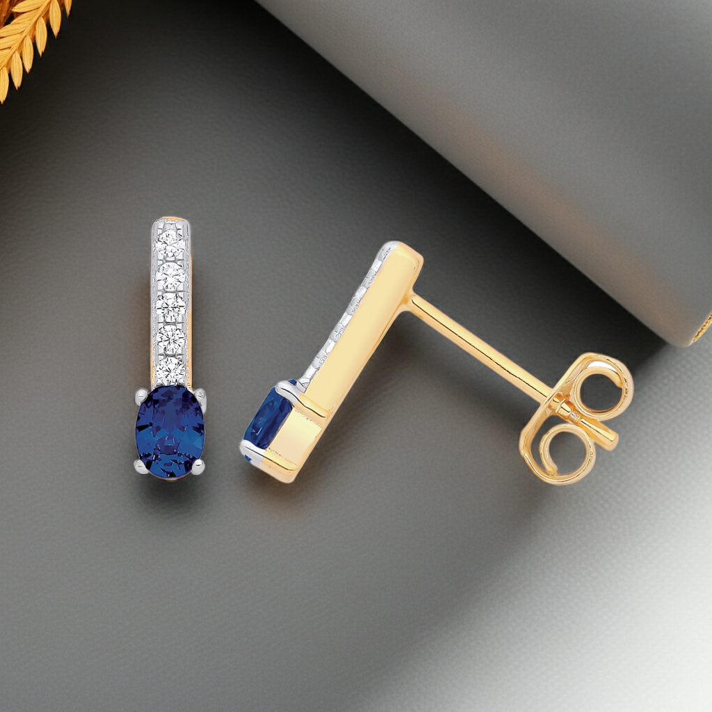 18ct Gold Sapphire Drop Stud Earrings on Solid Sterling Silver 925 Hallmark