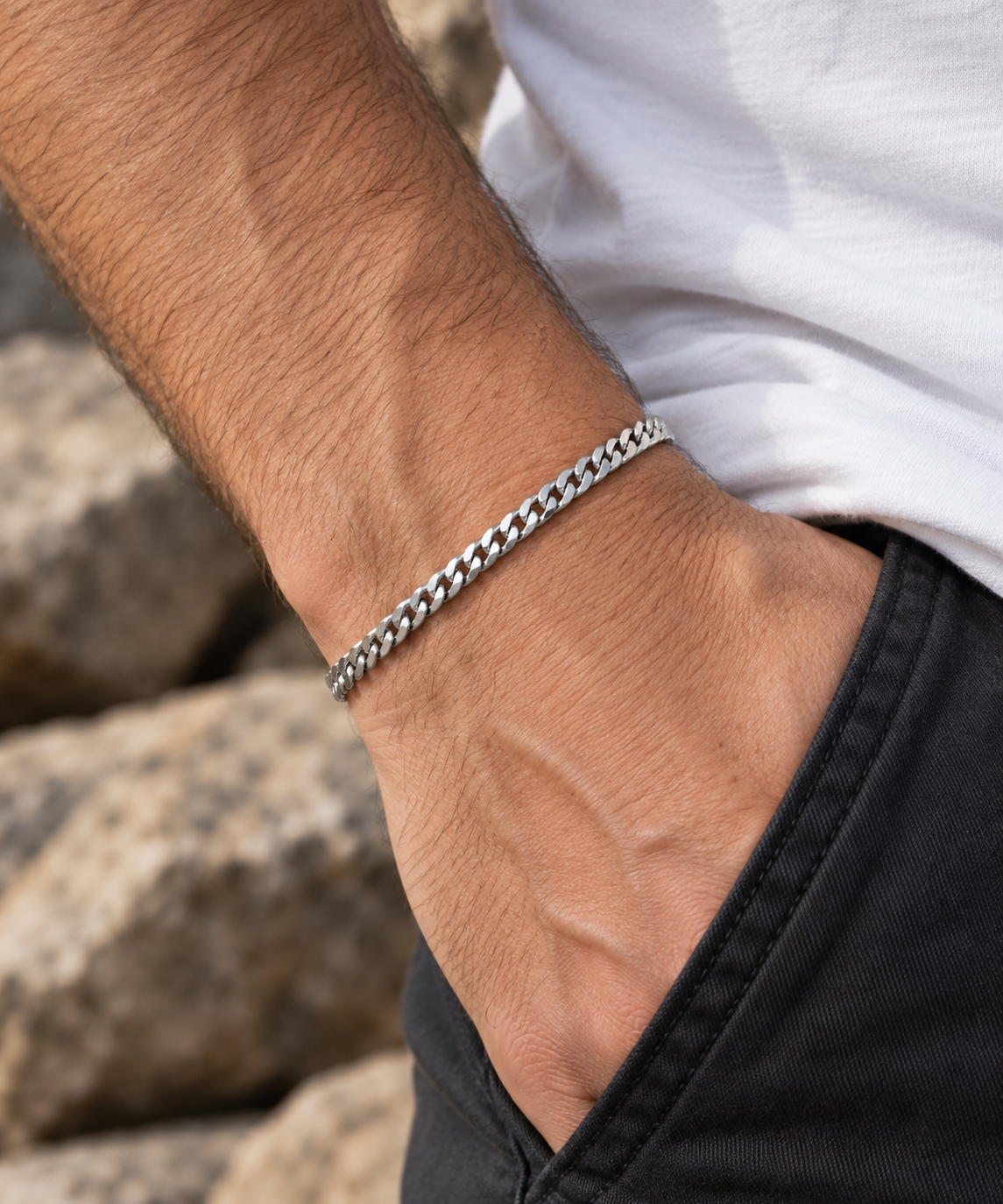 Men's Very Flat Curb Bracelet Sterling Silver 8" 925 Hallmarked 4mm Wide