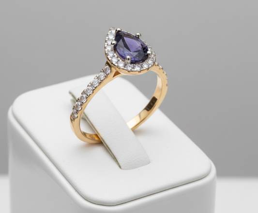 18ct Yellow Gold Sapphire Pear Ring Sterling Silver 925 Hallmark Size K-S