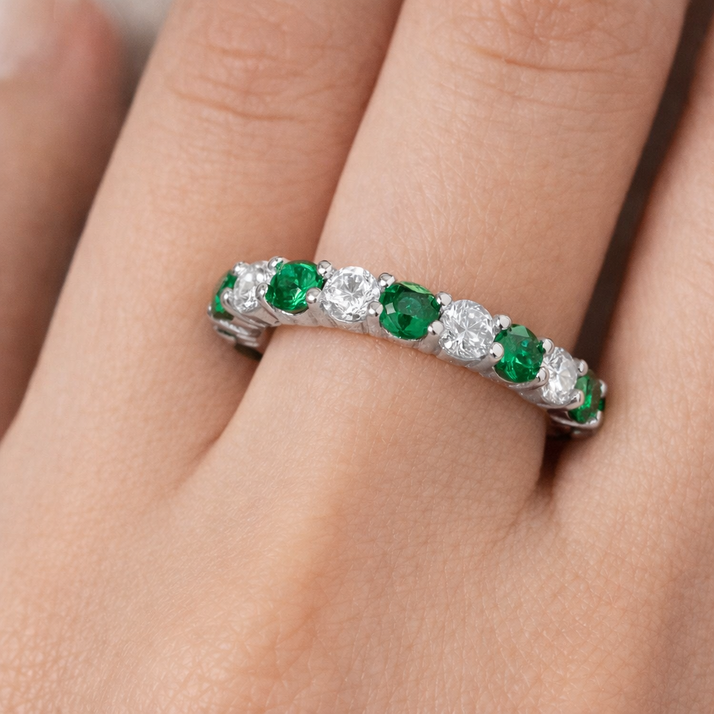 Sterling Silver Emerald Full Eternity Ring 3mm Band 925 Hallmark Size K - S