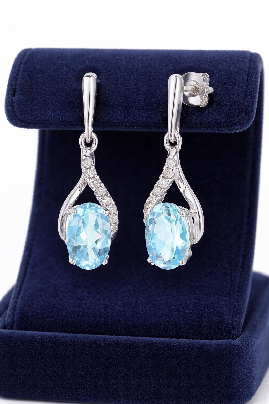 Natural Blue Topaz and Diamond Earrings Solid 9ct White Gold Drops Hallmarked